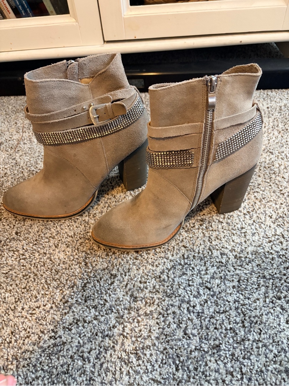 Nine West Taupe Suede Rhinestone-Strap Ankle Booties